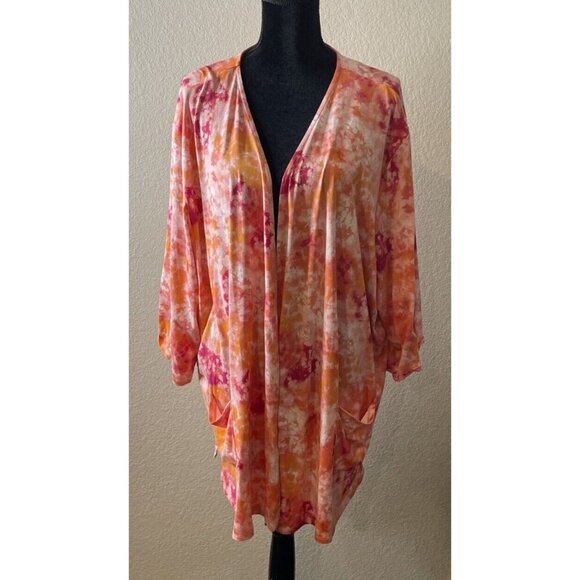 Cuddl Duds 3X Open Tie Dye Kimono Cardigan Orange‎ Pink Pockets Groovy Resort - Picture 1 of 6